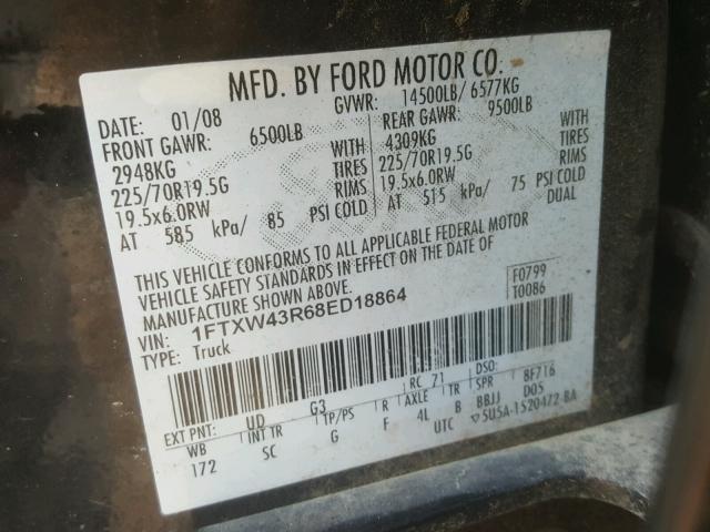 1FTXW43R68ED18864 - 2008 FORD F450 SUPER BLACK photo 10