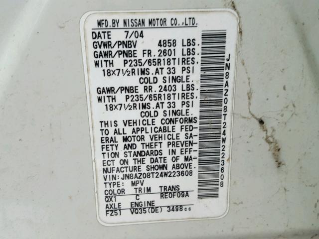 JN8AZ08T24W223608 - 2004 NISSAN MURANO SL WHITE photo 10