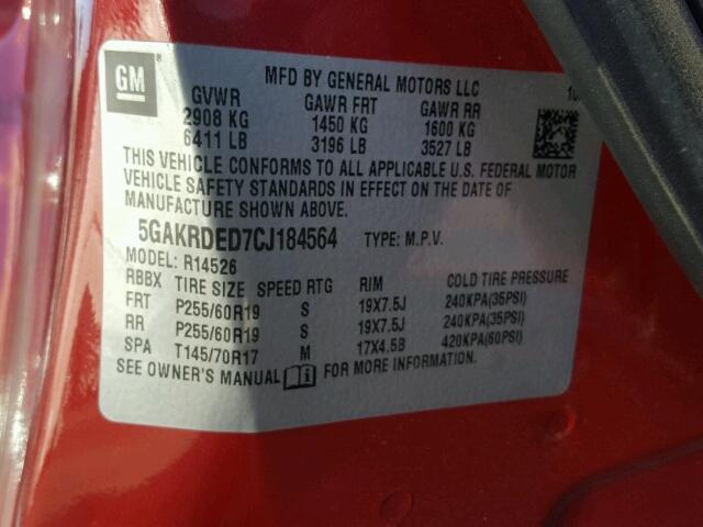 5GAKRDED7CJ184564 - 2012 BUICK ENCLAVE წითელი ფოტო 10