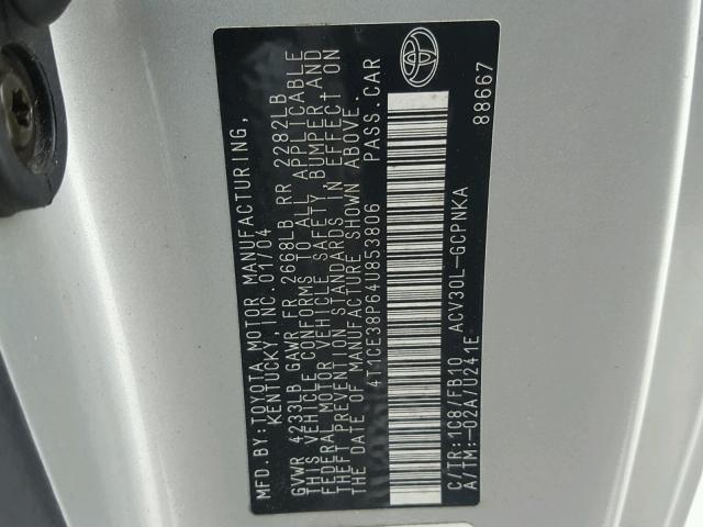 4T1CE38P64U853806 - 2004 TOYOTA CAMRY SOLA SILVER photo 10