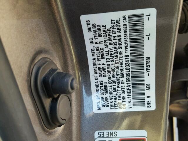 1HGFA16909L003416 - 2009 HONDA CIVIC EXL GRAY photo 10