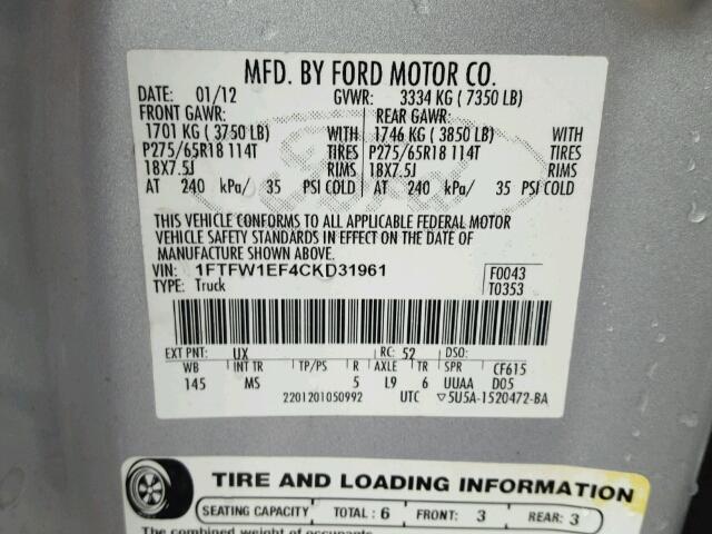 1FTFW1EF4CKD31961 - 2012 FORD F150 SUPER SILVER photo 10