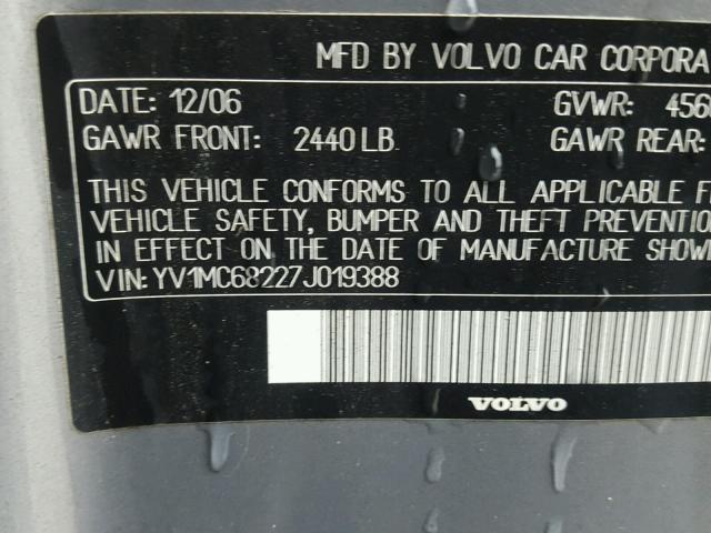 YV1MC68227J019388 - 2007 VOLVO C70 T5 GRAY photo 10