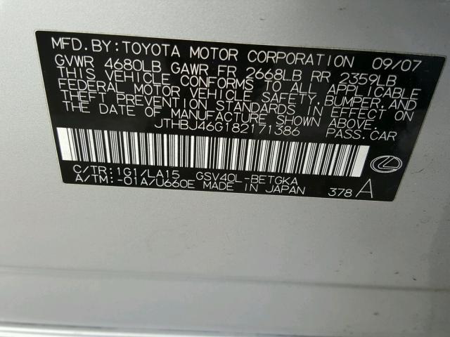 JTHBJ46G182171386 - 2008 LEXUS ES 350 GRAY photo 10