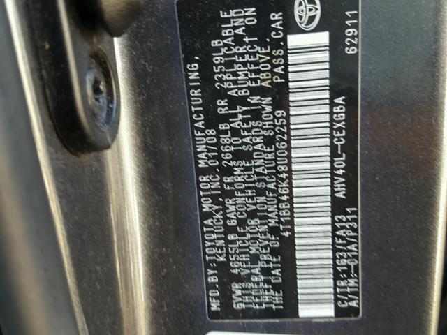 4T1BB46K48U062259 - 2008 TOYOTA CAMRY HYBR GRAY photo 10