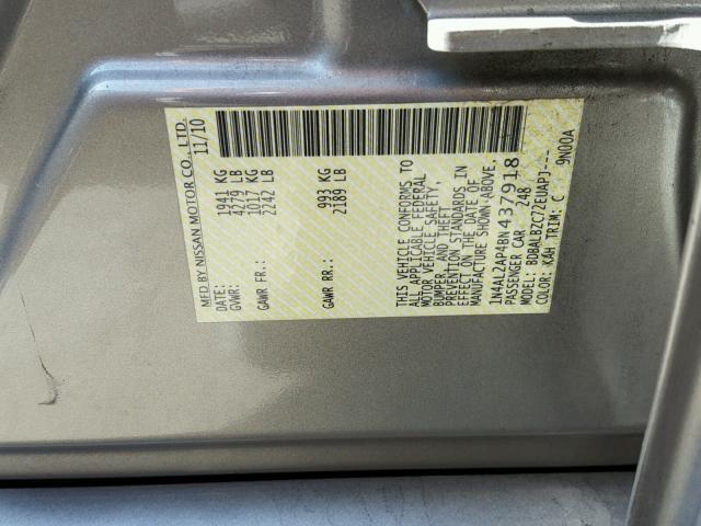 1N4AL2AP4BN437918 - 2011 NISSAN ALTIMA BAS SILVER photo 10