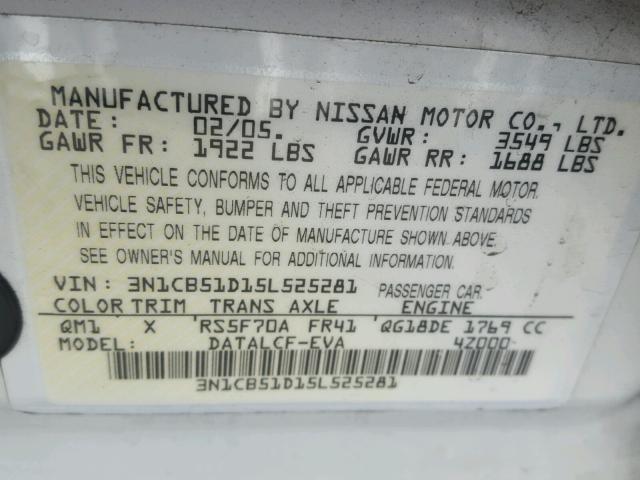 3N1CB51D15L525281 - 2005 NISSAN SENTRA 1.8 WHITE photo 10