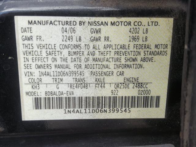 1N4AL11D06N399545 - 2006 NISSAN ALTIMA S BLACK photo 10