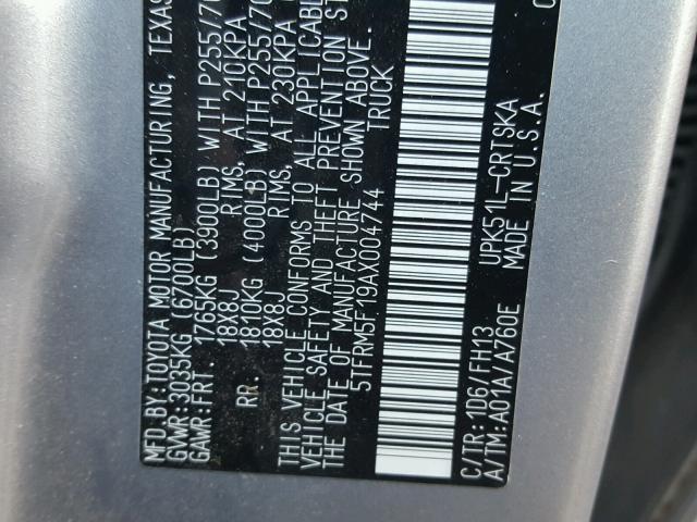 5TFRM5F19AX004744 - 2010 TOYOTA TUNDRA DOU SILVER photo 10