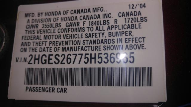 2HGES26775H536965 - 2005 HONDA CIVIC EX MAROON photo 10