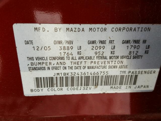 JM1BK324361466755 - 2006 MAZDA 3 S MAROON photo 10