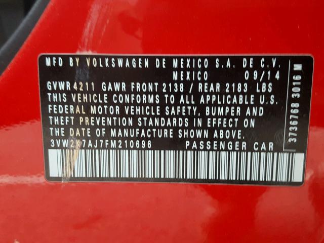 3VW2K7AJ7FM210696 - 2015 VOLKSWAGEN JETTA BASE RED photo 10