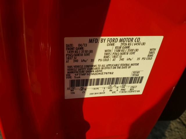 1FTMF1CM2DKE76782 - 2013 FORD F150 RED photo 10