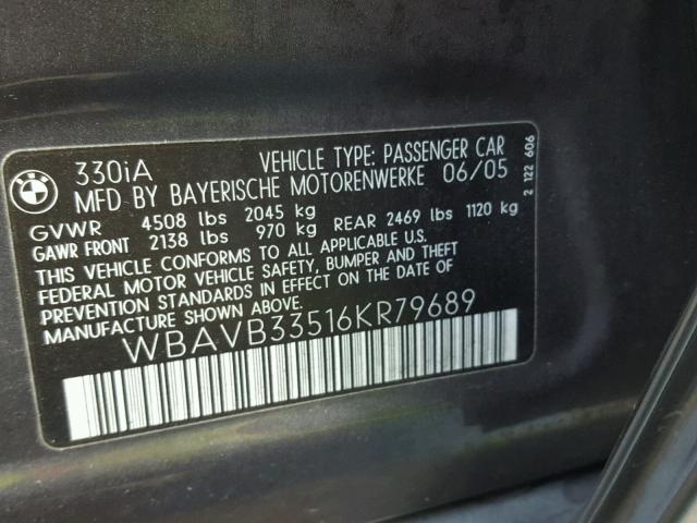 WBAVB33516KR79689 - 2006 BMW 330 I GRAY photo 10