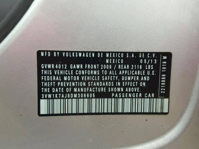 3VW1K7AJ8DM306605 - 2013 VOLKSWAGEN JETTA BASE 银色 照片 10