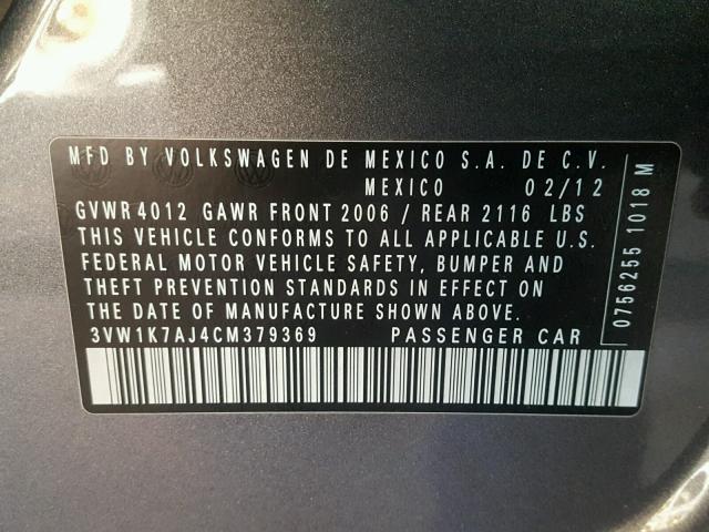 3VW1K7AJ4CM379369 - 2012 VOLKSWAGEN JETTA BASE 灰色 照片 10