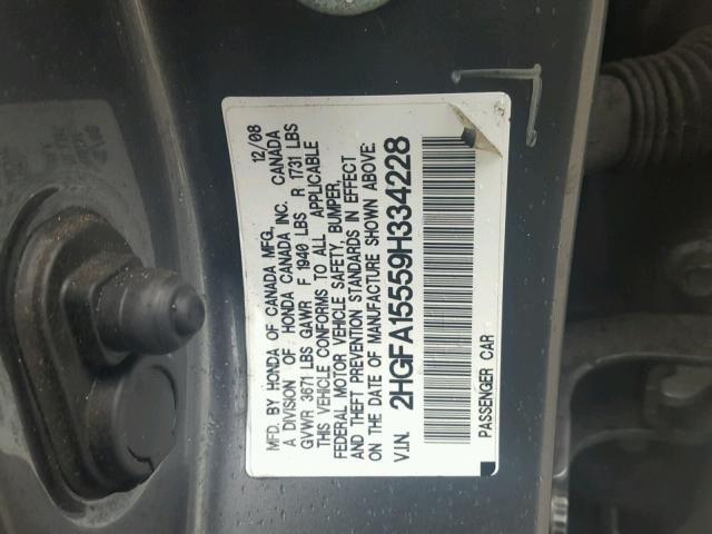 2HGFA15559H334228 - 2009 HONDA CIVIC LX CHARCOAL photo 10