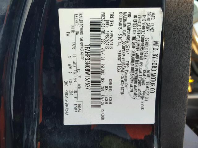 1FAHP35N08W157627 - 2008 FORD FOCUS SE BLACK photo 10