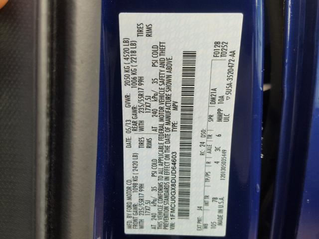 1FMCU0GX8DUD64603 - 2013 FORD ESCAPE SE BLUE photo 10