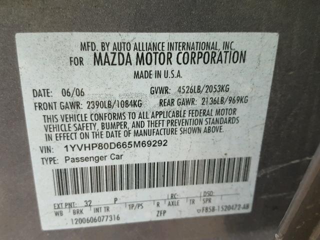 1YVHP80D665M69292 - 2006 MAZDA 6 S GRAY photo 10