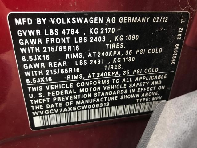 WVGCV7AX5CW006313 - 2012 VOLKSWAGEN TIGUAN S BURGUNDY photo 10