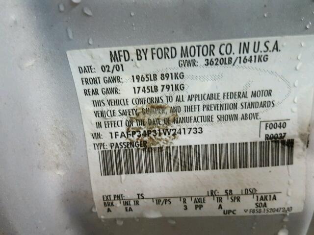 1FAFP34P31W241733 - 2001 FORD FOCUS SE SILVER photo 10