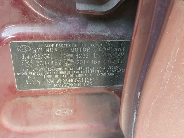 KMHWF35H65A112601 - 2005 HYUNDAI SONATA GLS RED photo 10