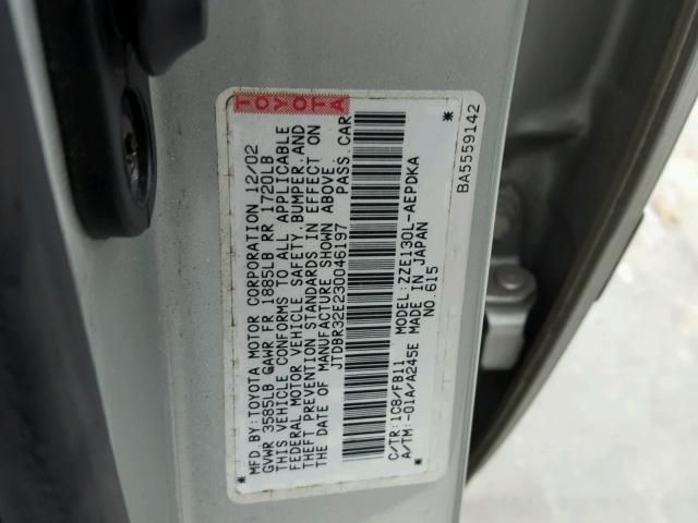 JTDBR32E230046197 - 2003 TOYOTA COROLLA CE SILVER photo 10