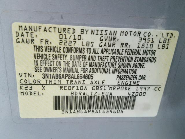 3N1AB6AP8AL654605 - 2010 NISSAN SENTRA 2.0 SILVER photo 10