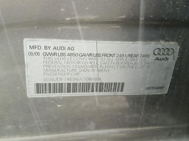 WAUDF78E96A108688 - 2006 AUDI A4 2.0T QU SILVER photo 10