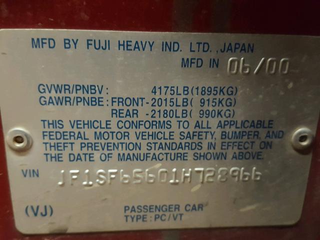 JF1SF65601H728966 - 2001 SUBARU FORESTER S RED photo 10