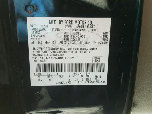 1FTRX12W48KD03521 - 2008 FORD F150 BLACK photo 10