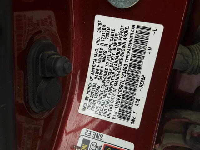 1HGFA16587L123460 - 2007 HONDA CIVIC LX RED photo 10