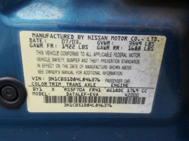 3N1CB51D84L846376 - 2004 NISSAN SENTRA 1.8 BLUE photo 10