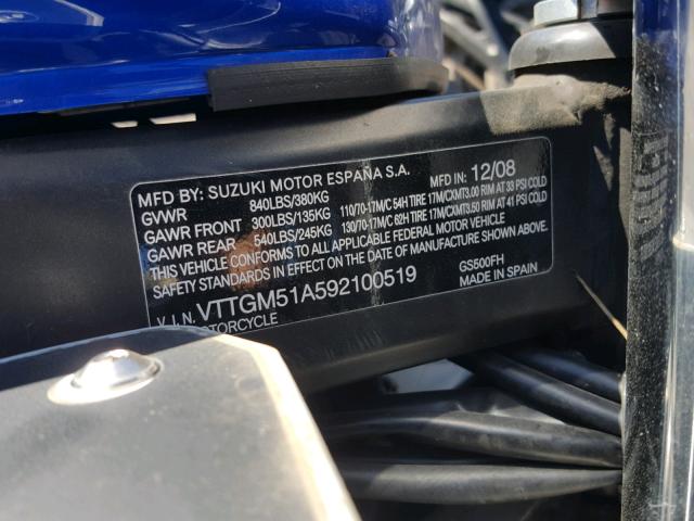 VTTGM51A592100519 - 2009 SUZUKI GS500 BLUE photo 10