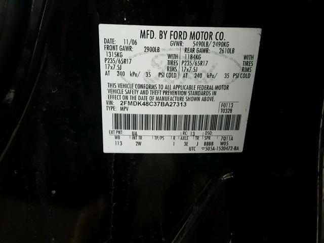 2FMDK48C37BA27313 - 2007 FORD EDGE SEL BLACK photo 10