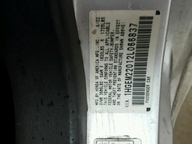 1HGEM22012L066837 - 2002 HONDA CIVIC EX ვერცხლისფერი ფოტო 10