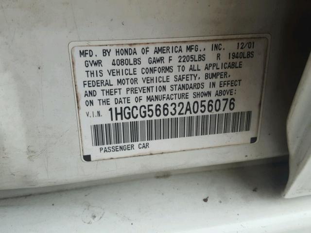 1HGCG56632A056076 - 2002 HONDA ACCORD EX WHITE photo 10