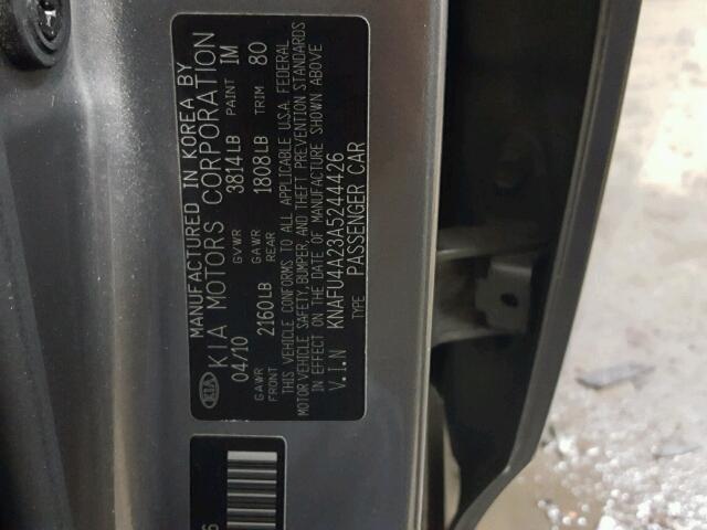 KNAFU4A23A5244426 - 2010 KIA FORTE EX GRAY photo 10