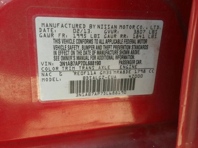 3N1AB7AP7DL688190 - 2013 NISSAN SENTRA S RED photo 10