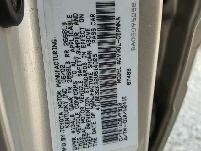 4T1BE32K32U614025 - 2002 TOYOTA CAMRY LE SILVER photo 10