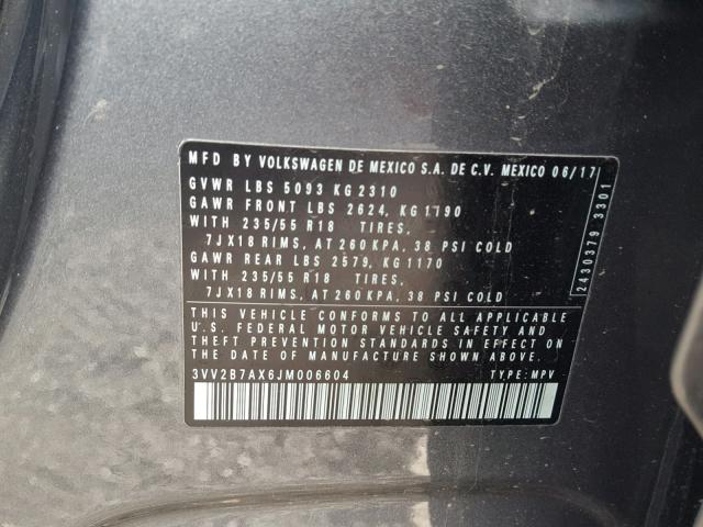 3VV2B7AX6JM006604 - 2018 VOLKSWAGEN TIGUAN SE Сірий фото 10