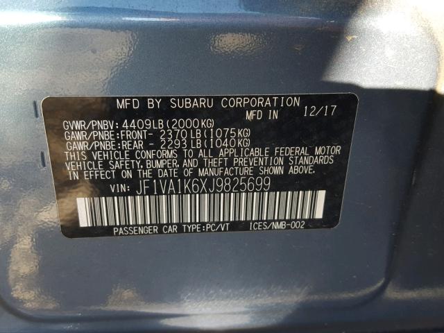 JF1VA1K6XJ9825699 - 2018 SUBARU WRX LIMITE BLUE photo 10