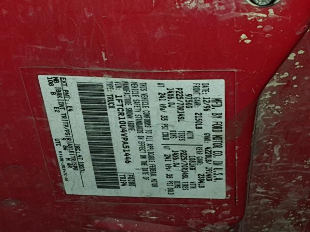 1FTCR10U4VPA51446 - 1997 FORD RANGER RED photo 10