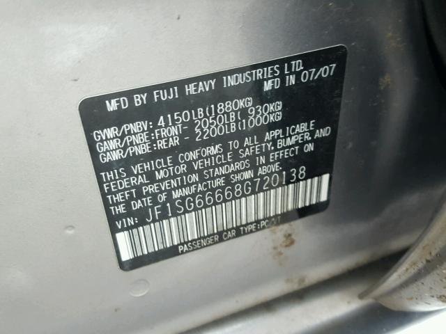 JF1SG66668G720138 - 2008 SUBARU FORESTER S 银色 照片 10