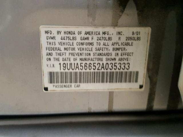 19UUA56652A035333 - 2002 ACURA 3.2TL SILVER photo 10