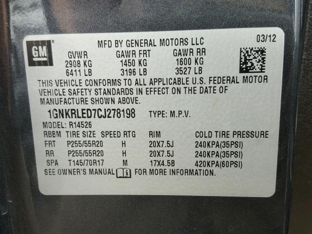 1GNKRLED7CJ278198 - 2012 CHEVROLET TRAVERSE L CHARCOAL photo 10