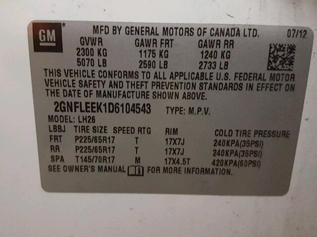 2GNFLEEK1D6104543 - 2013 CHEVROLET EQUINOX LT WHITE photo 10