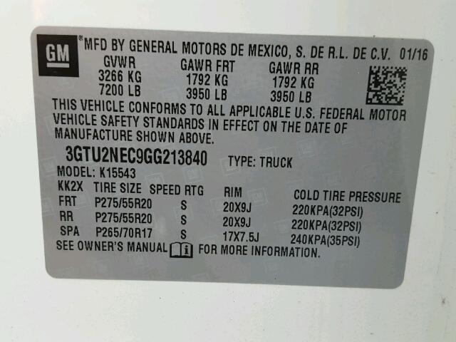 3GTU2NEC9GG213840 - 2016 GMC SIERRA K15 WHITE photo 10