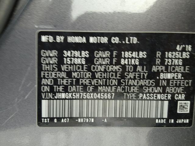 JHMGK5H75GX045667 - 2016 HONDA FIT EX GRAY photo 10